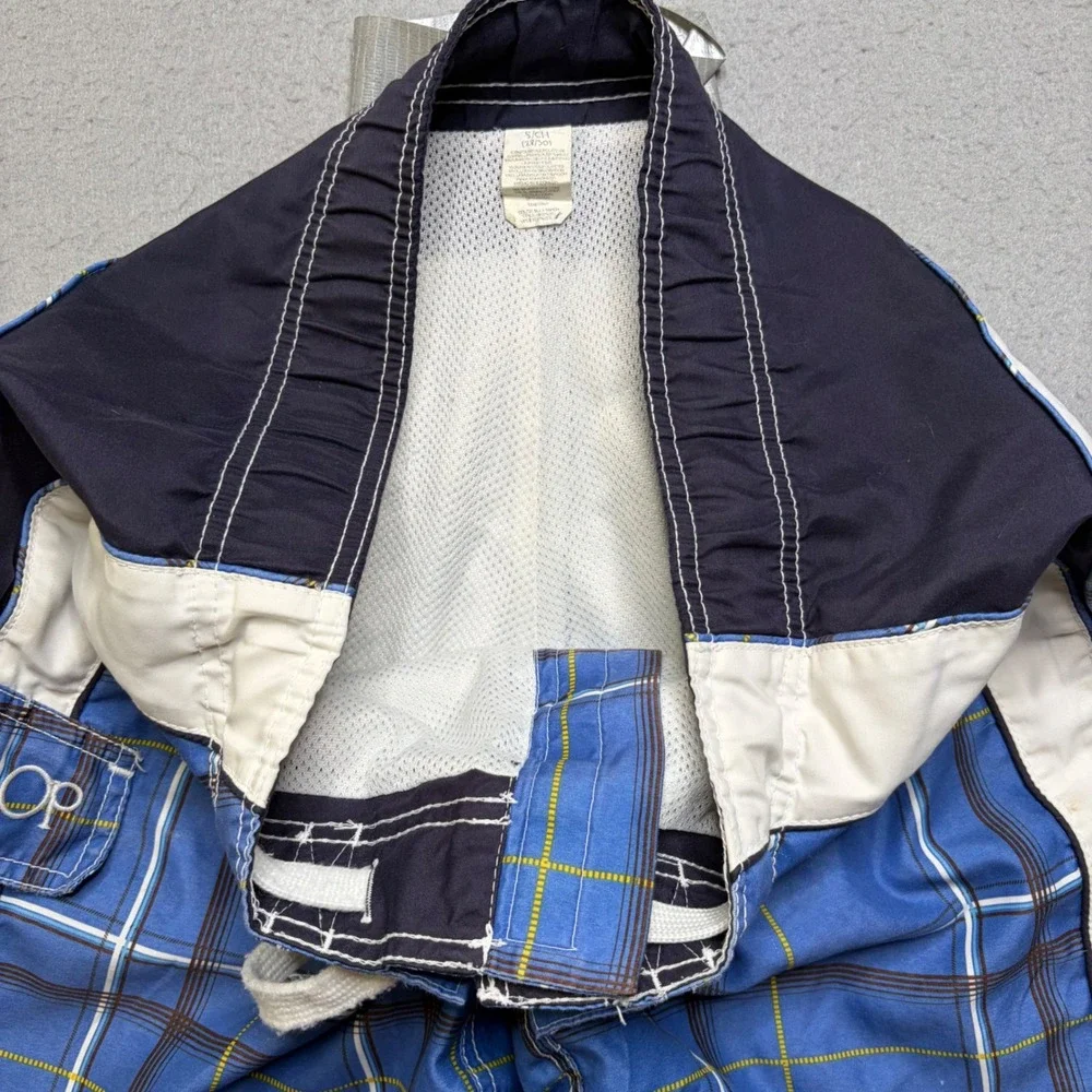 Ocean Pacific Board Shorts Mens Small Blue Plaid Y2K Cargo Swim Trunks